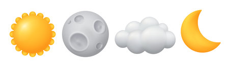 3D yellow sun, fluffy clouds, gray moon and yellow crescent. Set of weather symbols on white background.のイラスト素材