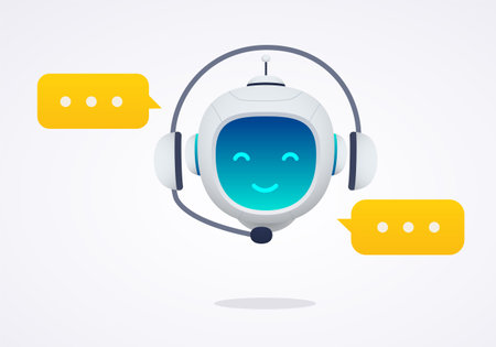 Chat bot in headphones, robot assistant for customer support. Concept of virtual consultant for receiving help and providing information.のイラスト素材