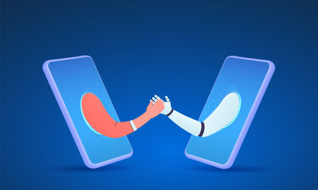 Online greeting robot and human. Hand of digital chat bot gesturing hello from smartphone.のイラスト素材