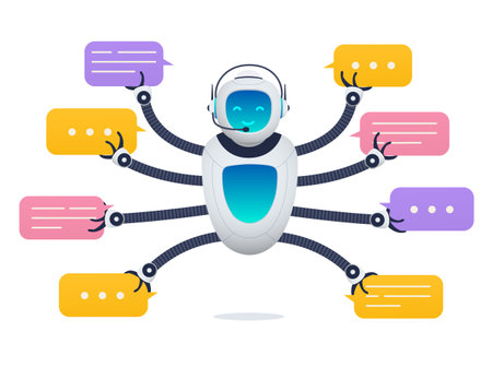 Chat bot, robot assistant for customer support. Concept of virtual consultant for receiving help and providing information.のイラスト素材