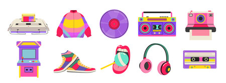 80s 90s retro elements set. Classic badges in vintage style, tape recorder with cassette, game console, jacket with sneakers, lips with lollipop, camera.のイラスト素材