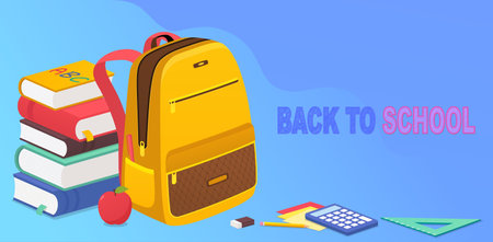chool banner with stack of books, backpack and stationery. Concept school education, back to school.のイラスト素材