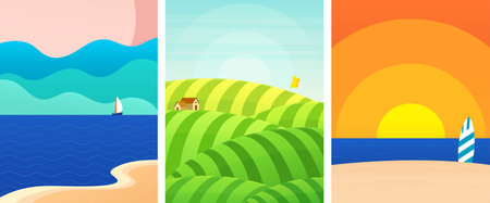 Minimalistic summer poster with natural landscape, sea with clouds and yacht, tropical design.のイラスト素材