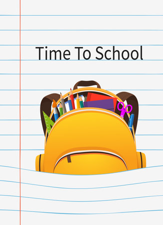 Backpack with school educational supplies on sheet of paper. Children's stationery accessories for study. Back to school concept.のイラスト素材