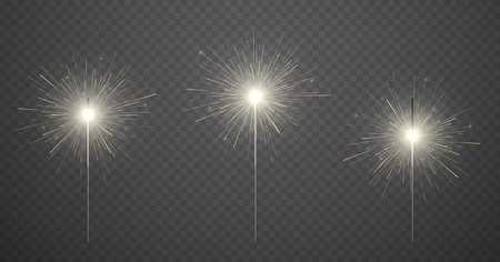 Bengal fire on transparent background. Set of New Year's sparkler candles. Glowing Christmas sticks.のイラスト素材