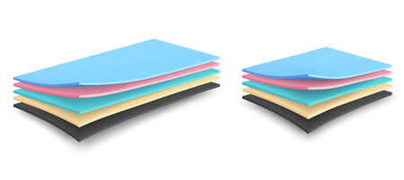 5-layer waterproof material to protect against moisture. Advertising for waterproof fabrics and absorbent linings. Curved simple layers of fabric, foam.のイラスト素材