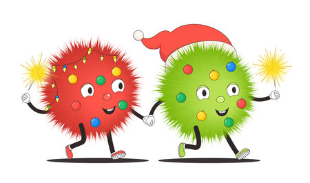 Christmas characters with garlands and sparklers in hand. Cute New Year's fluffy trees in red hat with legs and arms holding hands.のイラスト素材