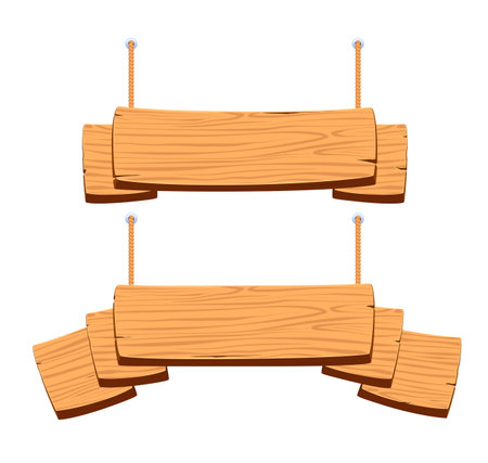 Wooden sign banner on ropes. Hanging board sign, advertising information board.のイラスト素材