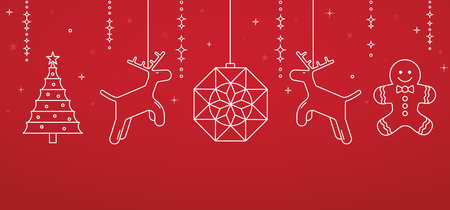 Christmas greeting card with fir tree, ball, deer, cookies and stars on red background. New Year design for banners on social networks, wallpapers, covers.のイラスト素材