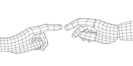 The robot and human hand touch each other. Two hands in form of polygonal mesh, wireframe.のイラスト素材