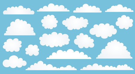 Set of White fluffy cloud flat design. Cartoon clouds on blue background.のイラスト素材