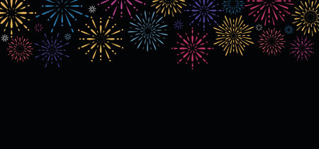 Colorful exploding fireworks on dark background. Festive salute.のイラスト素材