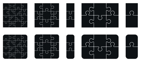 Puzzle pieces 2, 3x2, 3, 3x3, 4x4 isolated on white background. Vector template
jigsaw puzzle with right angles, rounded.のイラスト素材