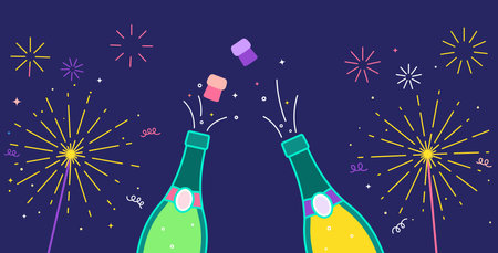 Festive poster with sparklers, champagne opening, fireworks and confetti. Banner for New Year, festival, party.のイラスト素材