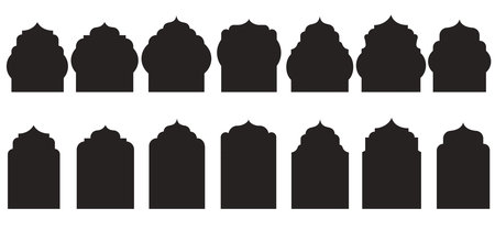Set of Islamic windows, doors, frames in black. Collection of mosque patterns in Arabic Muslim style.のイラスト素材