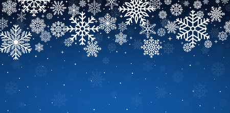 Falling white snowflakes on dark blue background. Scattered snowflakes with stars. Winter snowfall.のイラスト素材