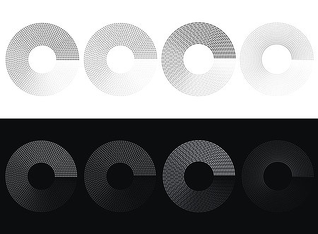 Round geometric spiral waves in form of dots and lines. Set of glowing circular dynamic rhythms.のイラスト素材