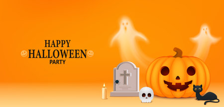 Happy Halloween poster banner. Big pumpkin with ghosts, grave with spider on web and candle, skull with glowing eyes, black cat. Halloween celebration design.のイラスト素材