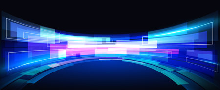 Innovative high-tech technology background. Digital technological future, high-speed motion screen, data transmission, cyber light lines, network connections.のイラスト素材