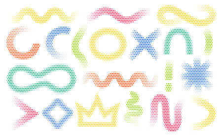 Abstract halftone wavy, circular, endless shapes in multicolored shades. Curly dot doodles in grunge style.のイラスト素材
