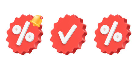 Set of round 3D tags with percentages and check marks. Red special offer labels, banners, big sale badges.のイラスト素材