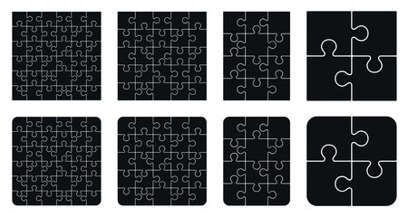 Puzzle pieces square 4x4, 5x5, 6x6, 3x4, isolated on white background. Jigsaw puzzle game vector template with right angles, rounded.のイラスト素材