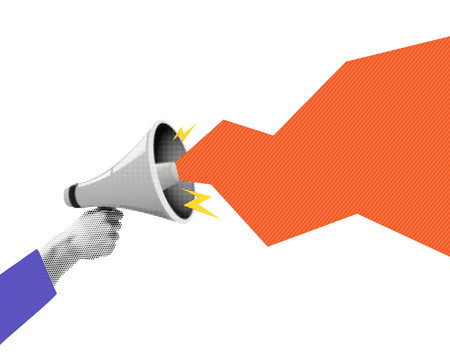Halftone megaphone, loudspeaker in hand. Advertising speaker with lightning, collage in retro style.のイラスト素材