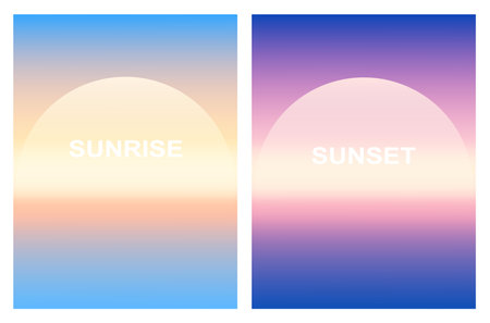 Sunrise, sunset with blue sky and golden sun. Abstract gradient sunlight on ocean horizon.のイラスト素材