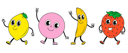 Summer fruits in children's cartoon style. Cute characters lemon, strawberry, banana.のイラスト素材