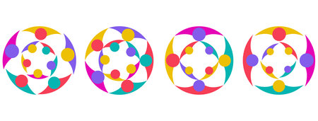 Symbol of unity together and community. Group of people holding hands stands in circle. Abstract round logo design in colorful styleのイラスト素材
