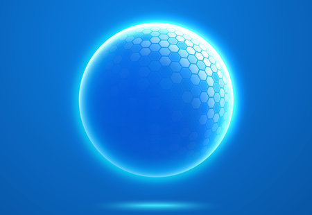 Spherical protective energy dome on blue background. Shield of cybersecurity, internet safety, healthcare.のイラスト素材