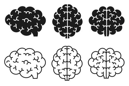 Set of human brain icons, top, side, back view on white background. Concept of thinking, health, outline design.のイラスト素材