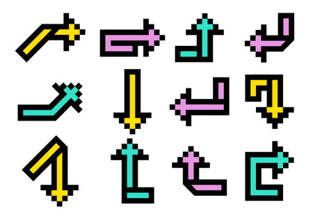 Pixel color arrows retro style. Set of arrow icons pointing in various directions, straight, circular, curved, down, up, right, and left.のイラスト素材