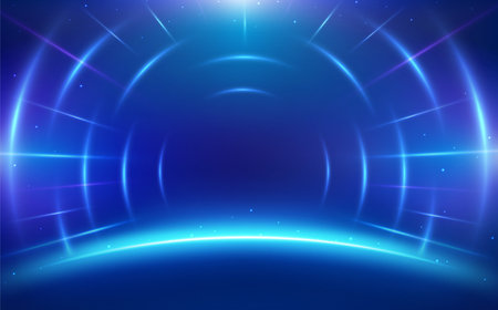 Blue rays of light with glow effect on dark background. Futuristic background with light lines.のイラスト素材