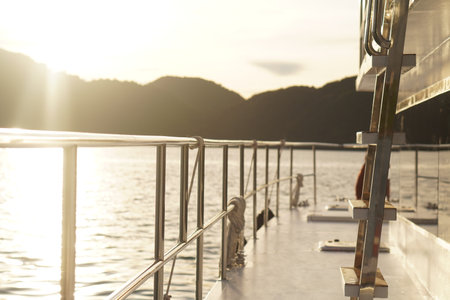 Luxury yacht on the sea at sunset, close-up