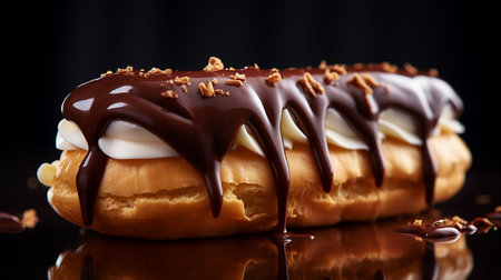 Delicious eclairs with chocolate glaze on a black background