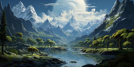 Fantasy alien planet. Mountain and lake. 3D illustration.
