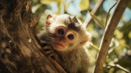 Cute baby monkey on a tree in a natural environment. Selective focus.の写真素材