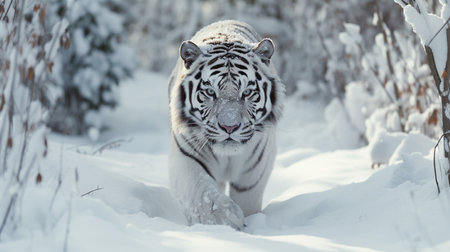 Beautiful white tiger in the snowy forest. Tiger in winter forest.の写真素材