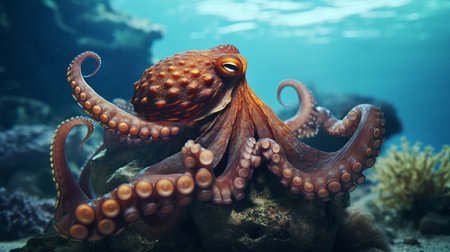 Octopus on the coral reef. Underwater world. 3D illustrationの写真素材