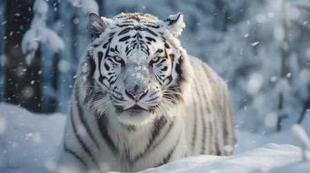 White tiger in snowy forest. Wildlife scene from nature. Siberian tiger (Panthera tigris altaica)の写真素材
