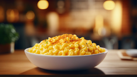 Delicious macaroni with cheese in bowl on table in cafeの写真素材