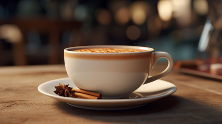 Cup of coffee with cinnamon and star anise on wooden tableの写真素材