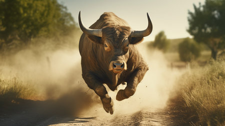 Bull running on dirt road in the countryside. Motion blur effect.の写真素材