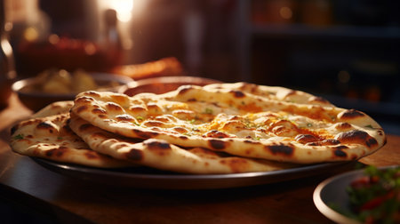 Pizza with mozzarella cheese on a wooden table in a restaurantの写真素材