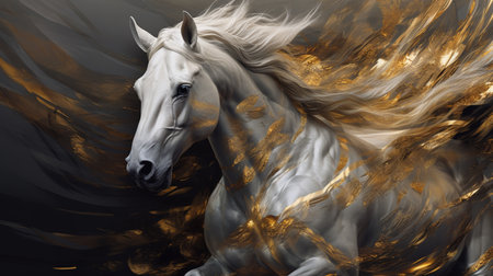 White horse with golden wings. 3D rendering. Digital painting.の写真素材