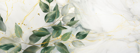 Eucalyptus leaves on white marble background. Vector illustration.の写真素材
