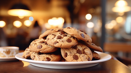 Chocolate chip cookies on a plate with a cup of coffee in the background