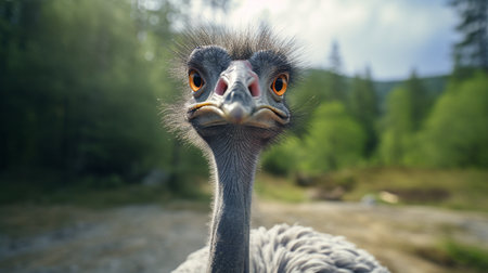 Portrait of an ostrich on a background of green forest.