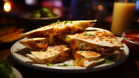Tasty mexican quesadillas on table in restaurantの写真素材